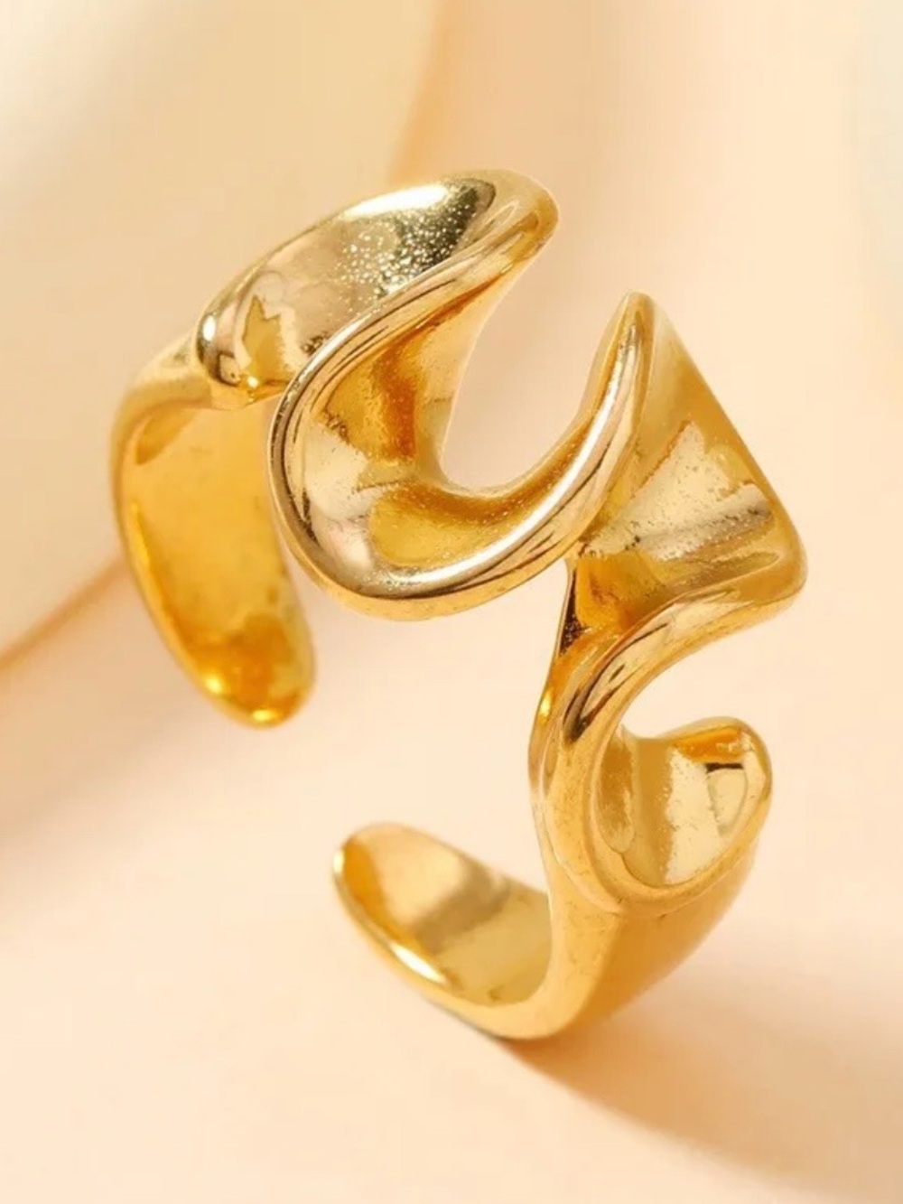 18K PVD Ruffle Gold Plated Wave Open Ring - Women Jewelry